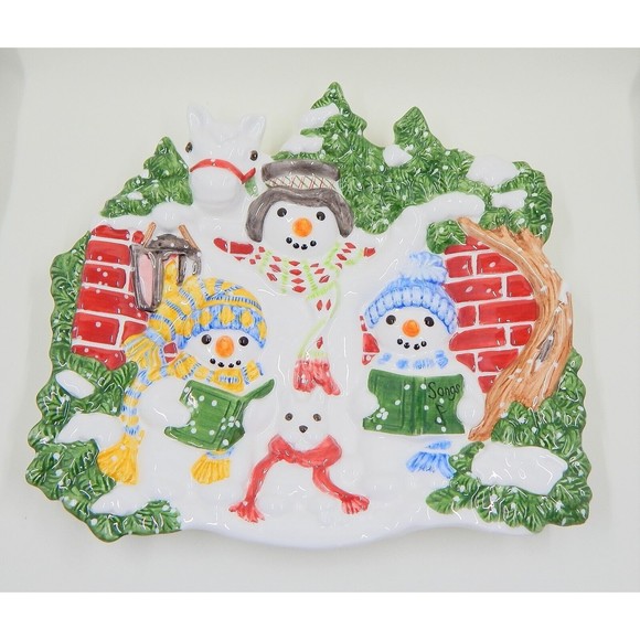 Fitz and Floyd Essentials The Flurries Snowmen Canape Tidbit Candy Plate Dish - Picture 1 of 11